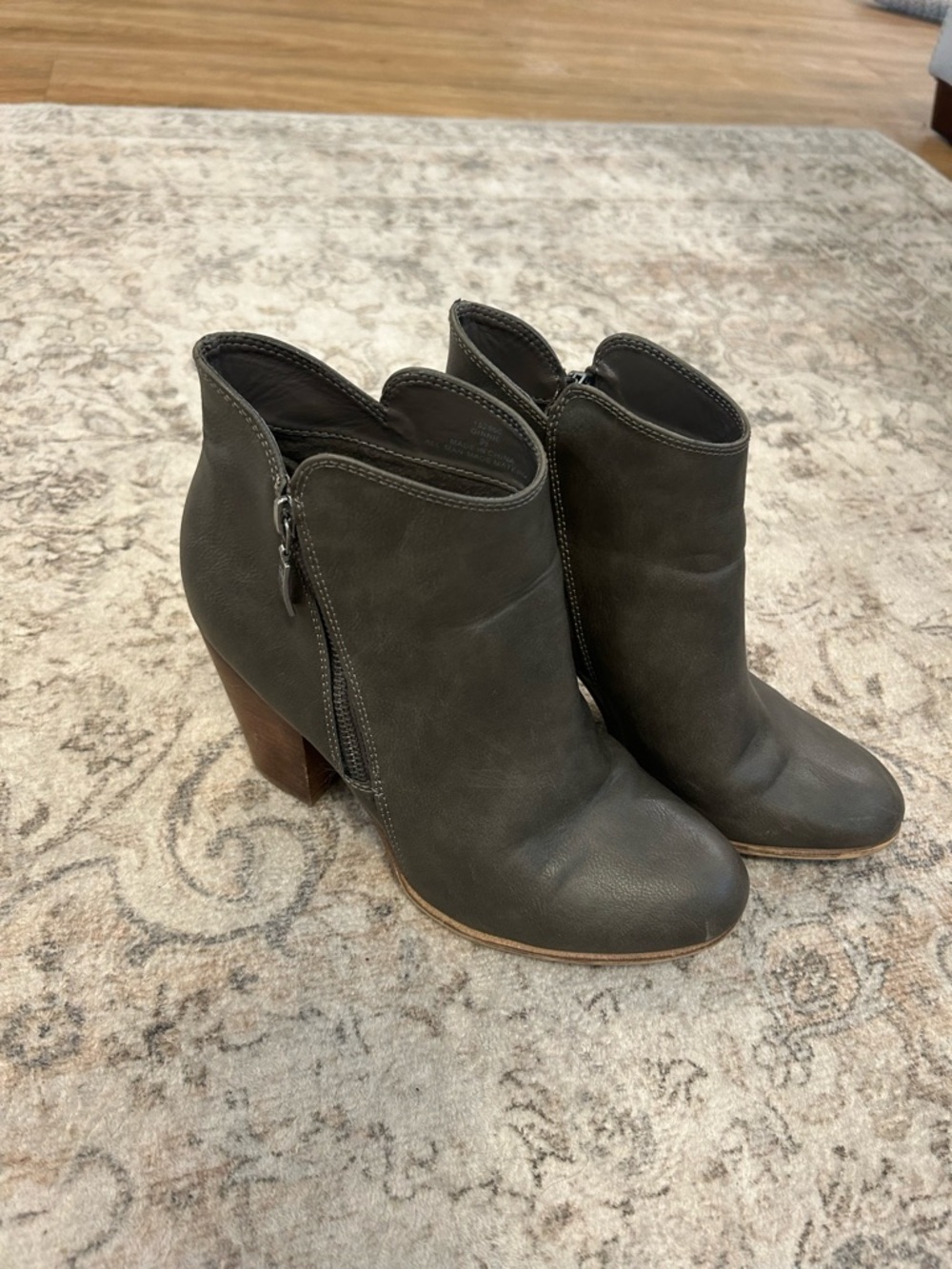 Womens Dark Gray Leather Ankle Booties with Block Heel